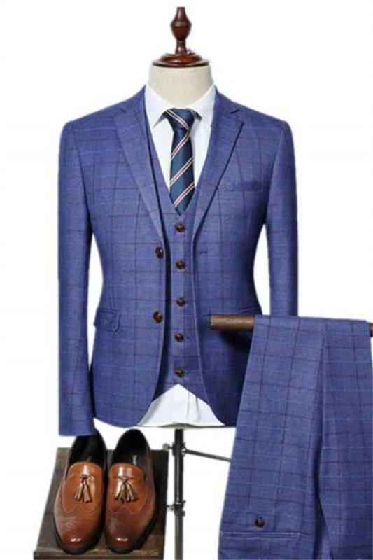 Men Three Piece Suit | Ocean Blue Plaid Prom Suit