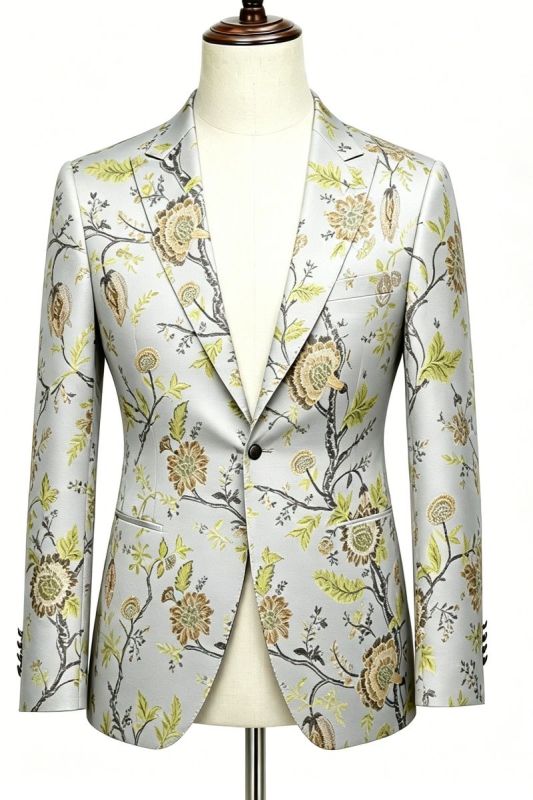 Spring/Summer Gold-Thread Embroidery 3D Floral Embroidered White Men Slim Fit Party Two Suit Set