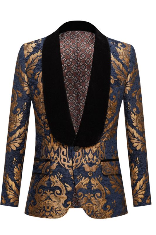 Blue Slim Fit Jacquard Shawl Collar Men Two Piece Suit