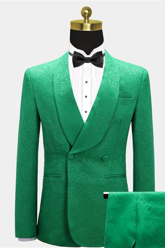 Green Jacquard Large Shawl Lapel Double Breasted Prom Suits without Pocket Flaps