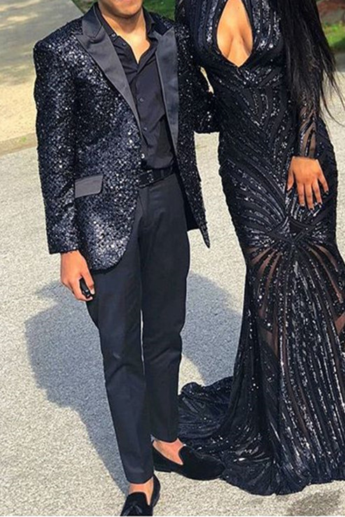 Black Sequin Men Suits Online | Unique Peak Lapel Two Piece Prom Suit