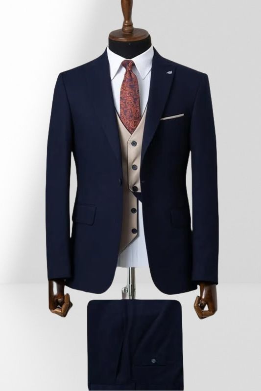 Navy Blue Single Breasted Groom Three Piece Wedding Suit With Khaki Vest