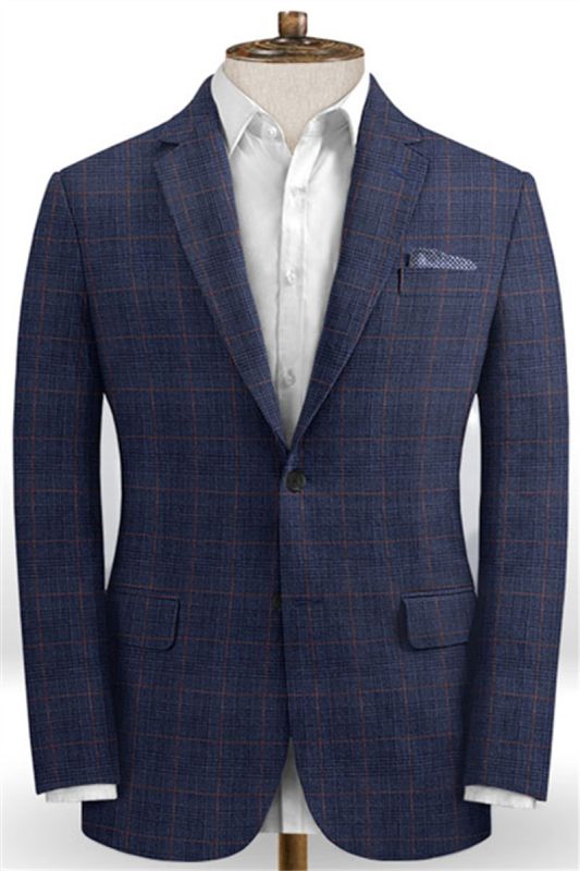 Blue Plaid Linen Tuxedo Online | Casual Two Piece Slim Fit Mens Suit