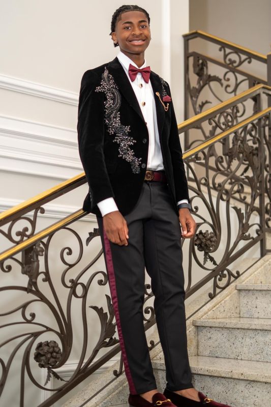 Brady Custom Black Velvet Peak-Lapel Beaded Two Piece Prom Suit