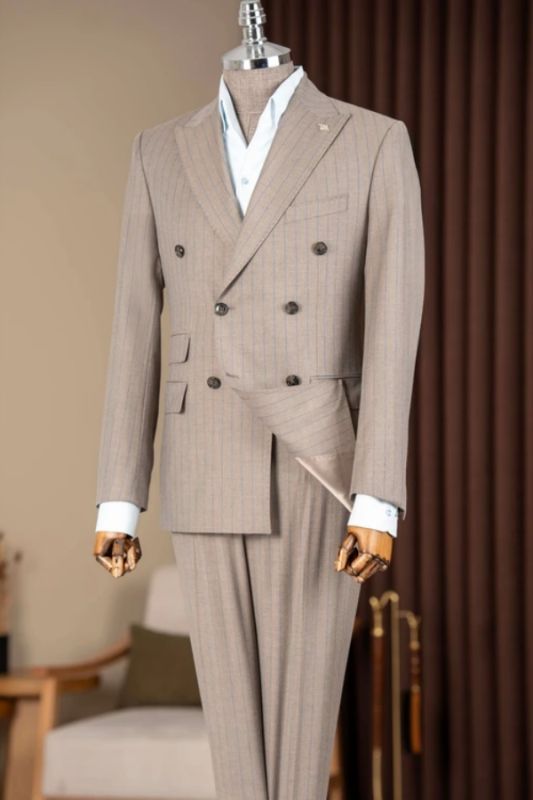 Men Khaki Pinstripe Double Breasted Two Piece Suit Custom Business Wedding Formal Blazer Trousers Set