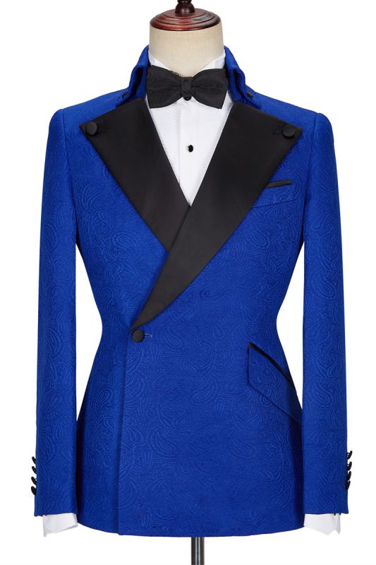 Dean Fashion New Royal Blue Jacquard Black Lapel Wedding Suit