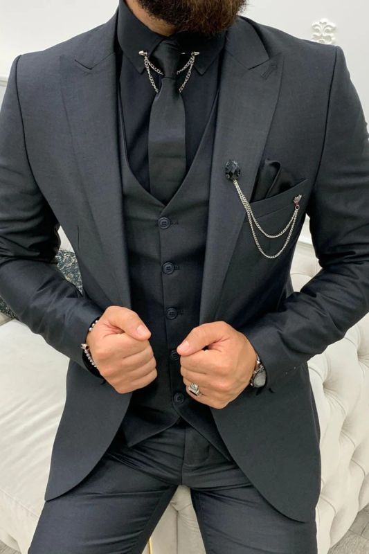Dark Grey Wool Peak Collar Mens Three Piece Wedding Prom Suit