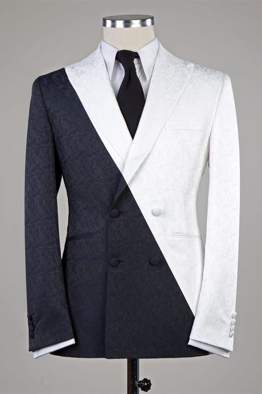 Modern black and white double-breasted pointed collar slim-fit men's suit