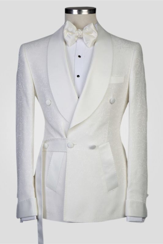 Roy White Jacquard Cape Lapel Double Breasted Men Wedding Suit