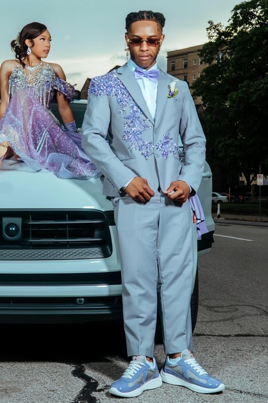 Charming Gray Blue Notched Lapel Beaded Prom Suit for Men | Formal Tuxedo