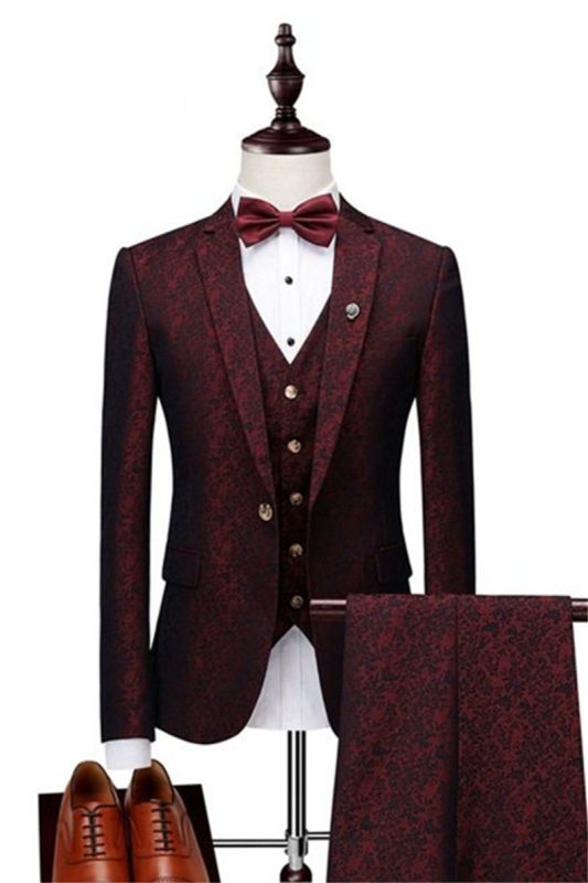 Men Wine Ruby Notched Laple Prom Suit |  Custom Three Piece Jacquard Tuxedo