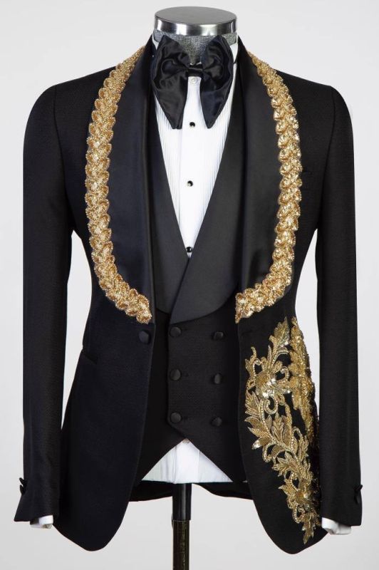 Fashion Slim Shiny Gold Appliques Three Piece Black Wedding Suit Prom Outfits
