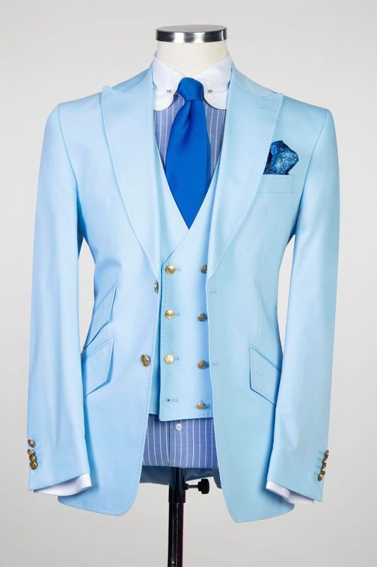 Sky Blue Three-piece Pointed Collar Slim Men Suits