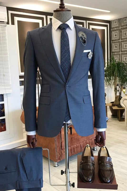 Modern Navy Blue Pointed Lapel Slim Fit Mens Business Suit