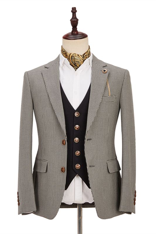 Light Khaki Notch Lapel Three Piece Men Suit With Dark Coffee Waistcoat