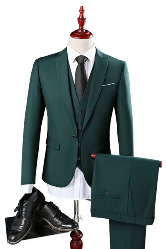 Three Piece Hunter Green Tailored Men Suit | Unique Notch Lapel Tuxedo