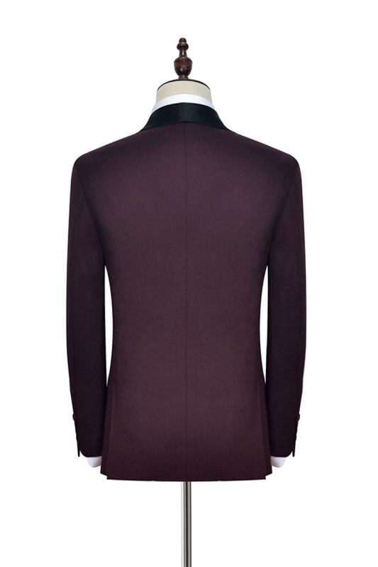 Burgundy Black Shawl One Button Slim Fit Prom Party Men Suit
