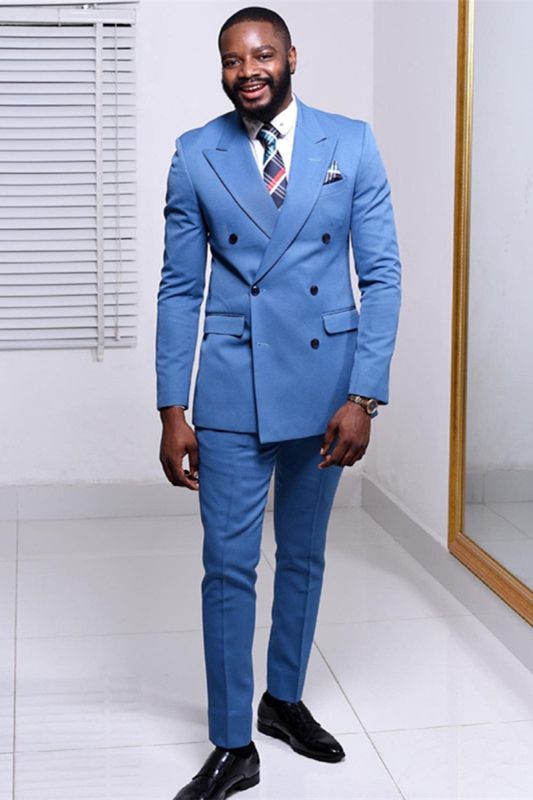 Achilles Blue Double Breasted Point Lapel Fashion Men Suit