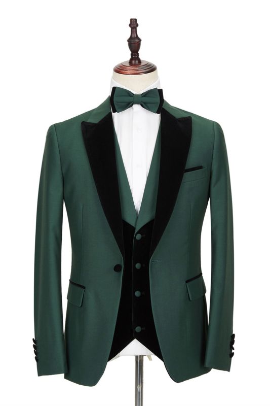 Black Peak Lapel Dark Green Mens Wedding Suit | Velvet Banding Edge Formal Suit