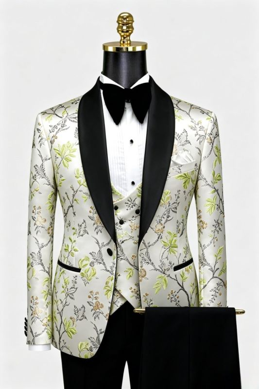 Men's White Floral Jacquard Tuxedo 3 Piece Set Black Shawl Lapel Wedding Suit With Vest & Black Pants