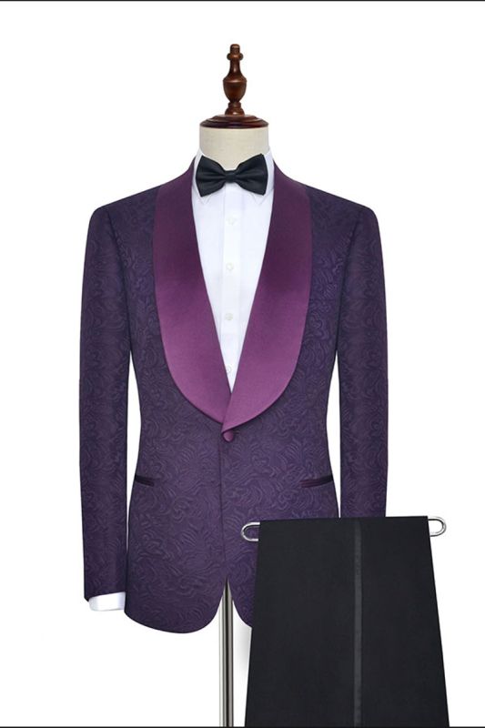 Luxurious Dark Purple One-Button Wedding Tuxedo | Silk Shawl Lapel Jacquard Ball Suit