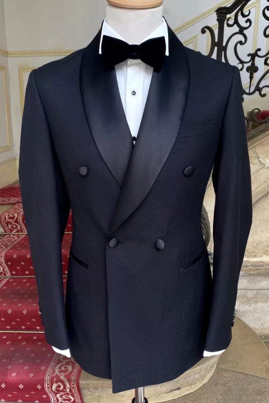 Newest Black Shawl Lapel Double Breasted Wedding Suits