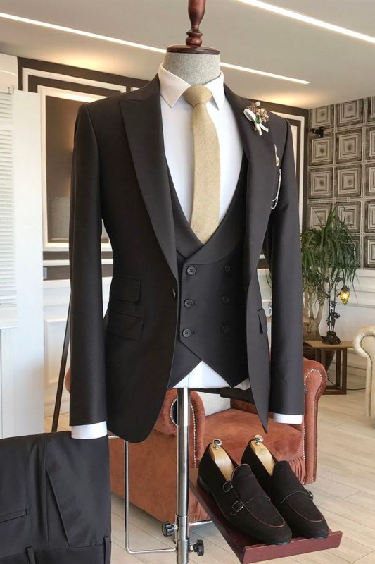 Classic Three Piece Dark Brown Peak Lapel Business Mens Suit | Double Breasted Waistcoat