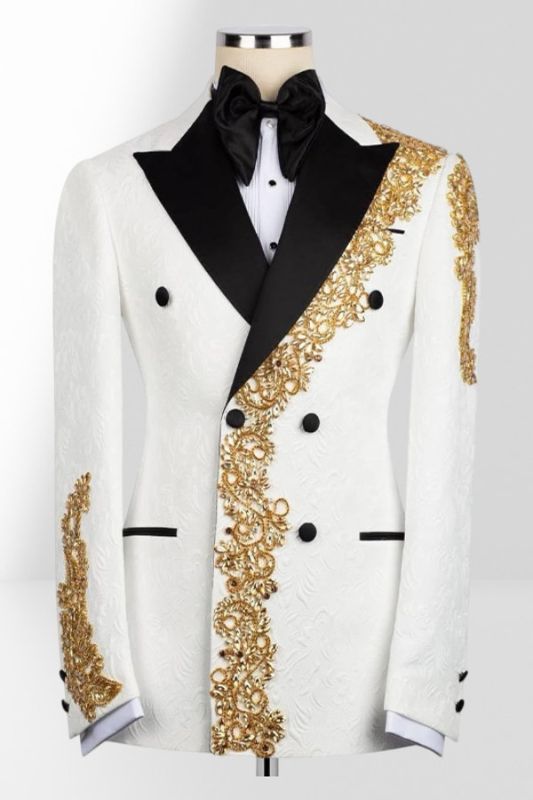 Men's White Double-Breasted Tuxedo with Gold Embroidery Two Piece Prom Suit | Bradymensuit