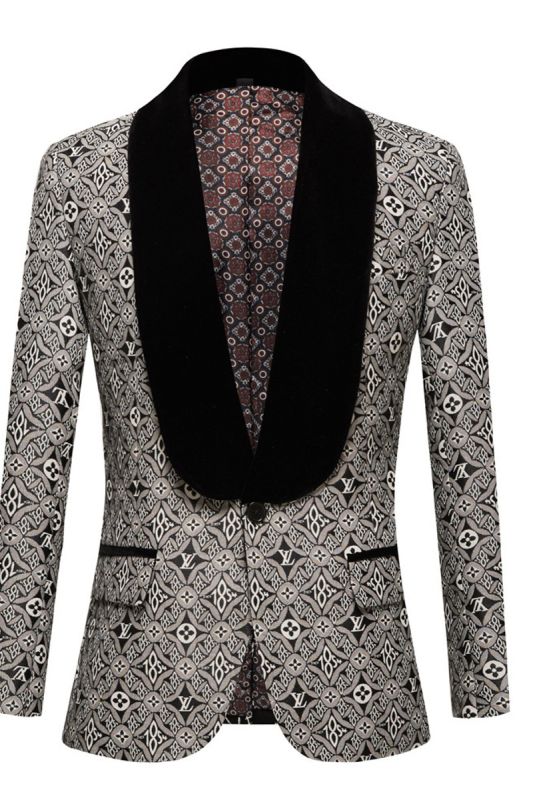 New Black Slim Fit Shawl Collar Jacquard Mens Prom Two Piece Suits