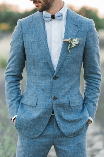 Ocean Blue Linen Summer Beach Groom Wedding Suit | Casual Mens Blazer Tuxedo