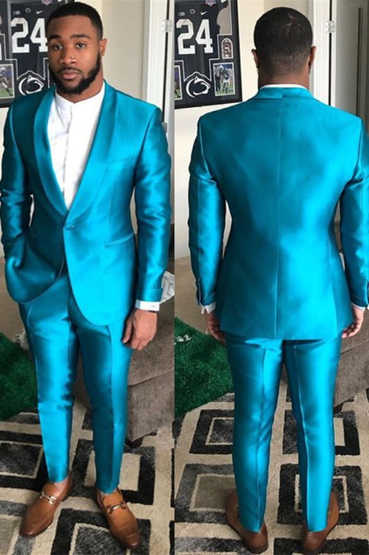 Shiny Blue Shawl Lapel One Button Slim Fit Men for Prom