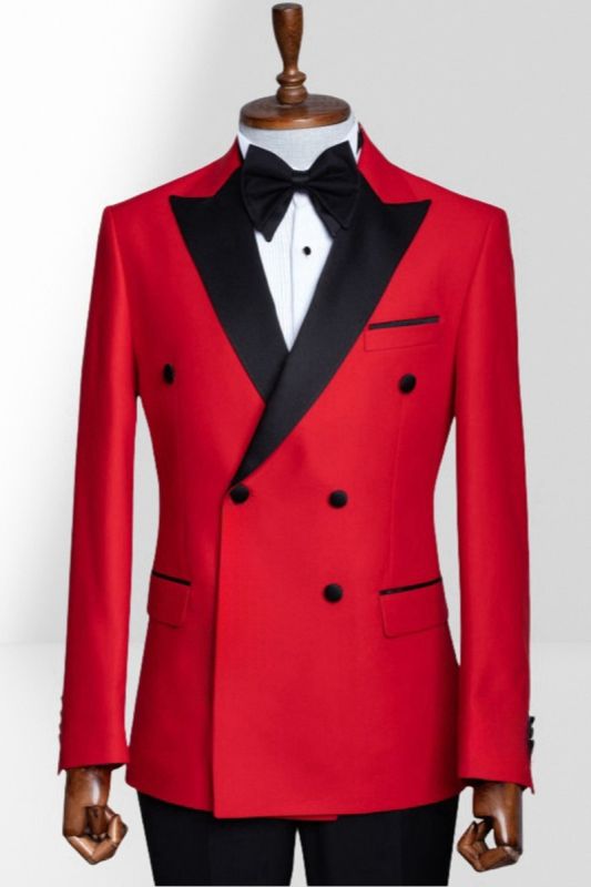 Red Peak Collar Double Breasted Men Peak Collar Two Piece Suit