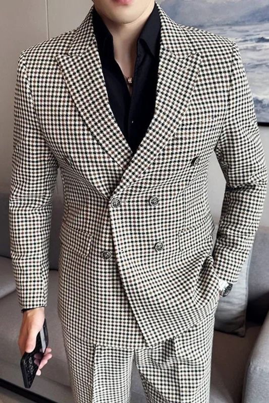Brady Black Peaked Lapel Double Breasted Plaid Men Suits