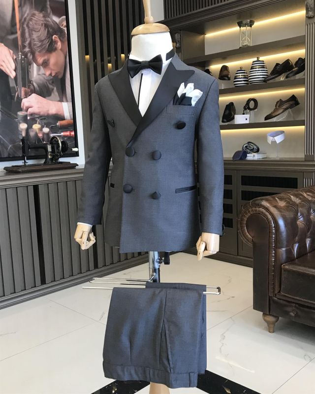 Dark Gray Slim Fit Double Breasted Tuxedo Suit | Two Piece Boys Suit