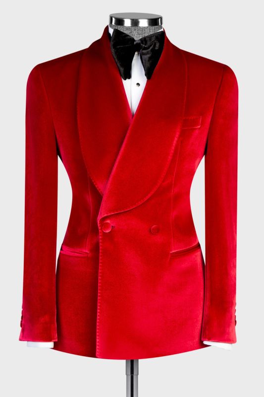 Fashion Slim Fit Red Velvet Double Breasted Men's Two Piece Prom Suit