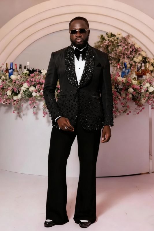 Luxury Black Crystal Embellished Shawl Lapel Men's Tuxedo Suit for Wedding Prom Black Tie Events