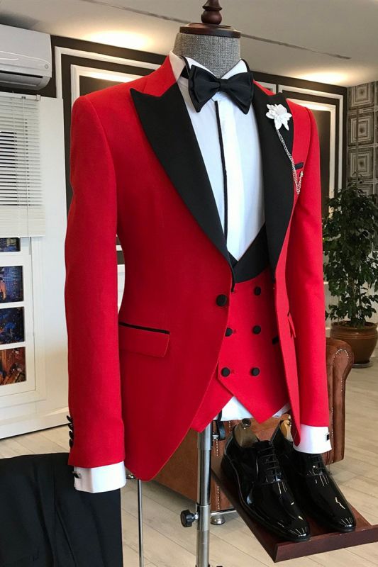Anthony Red Three Piece Black Point Lapel Men Prom Suit