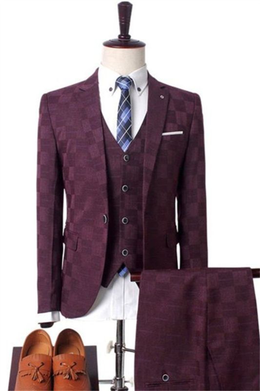 Crimson Plaid Business Men Suit | Prom Men Suit Three Piece