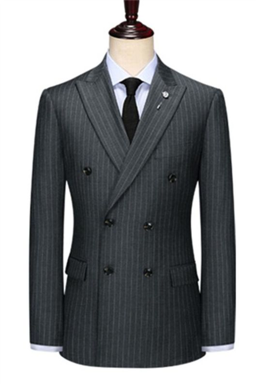 Double Breasted Black Men Jacket |  Peak Lapel Grey Striped Blazer Online