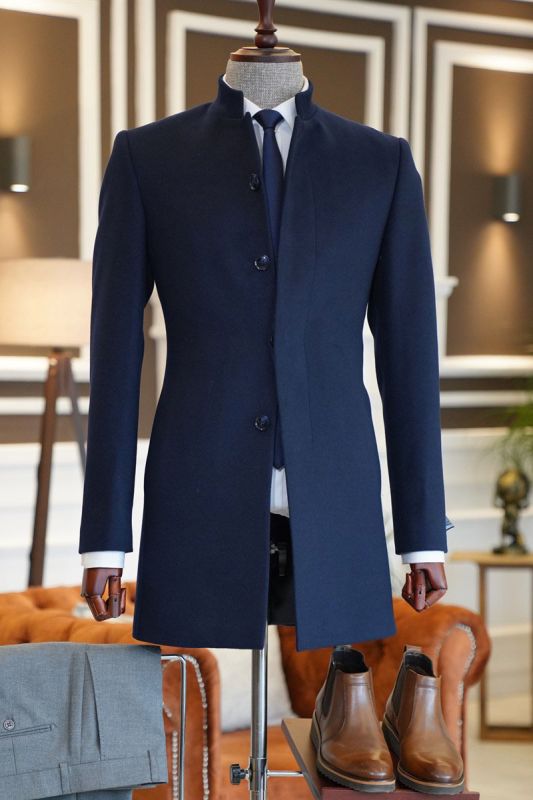 Marvin Navy Stand Collar Slim Fit Wool Jacket For Business