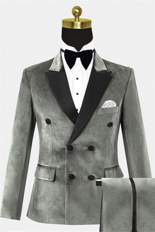 Double Breasted Velvet Tuxedo | Silver Peak Lapel Prom Suit