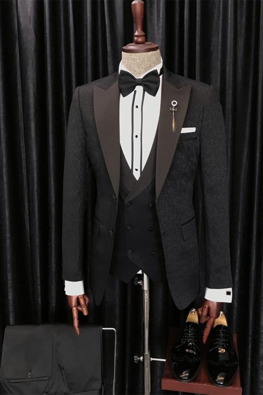 Anthony Newest Black Jacquard Three Piece Point Lapel Wedding Mens Suit