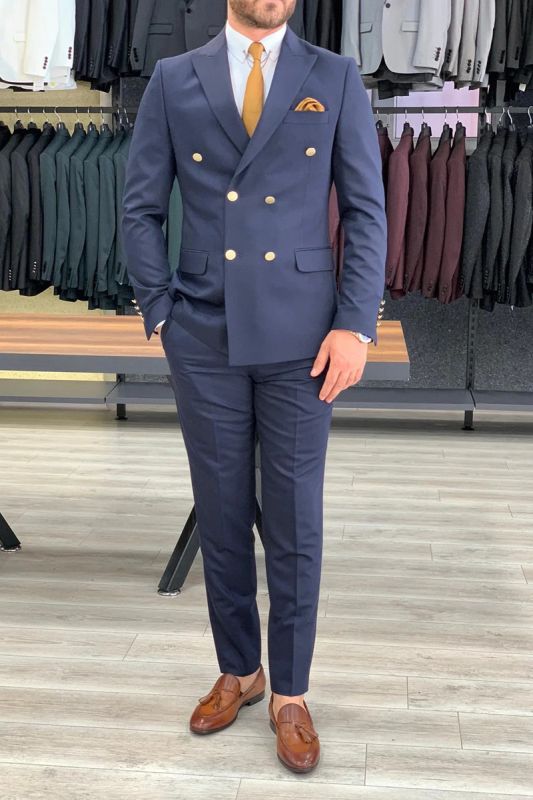 Brady Navy Blue Slim Fit Wool Blend Men Double Breasted Two Piece Wedding Suit | Metal Buttons With Silk Lining