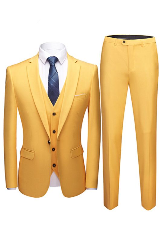 Mens Yellow Notched Neck Three-Piece Slim Fit Suit