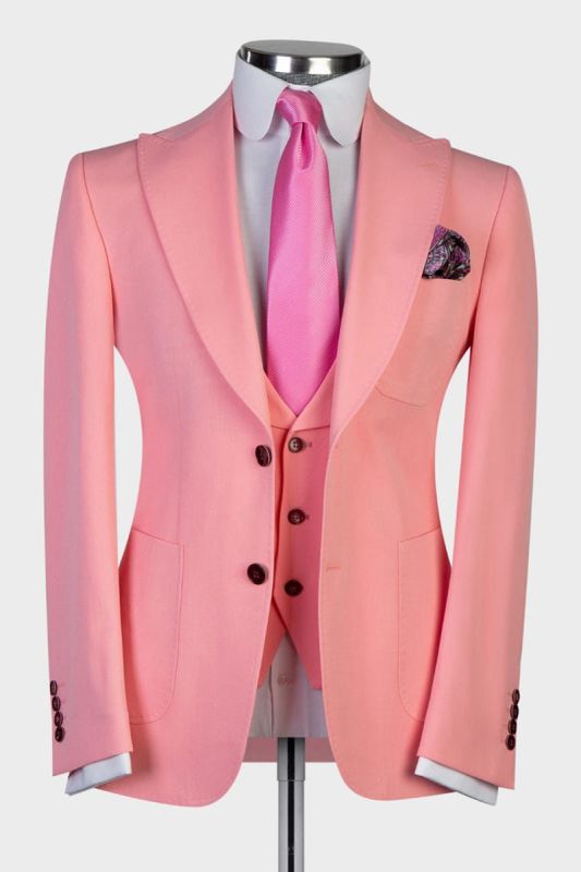 Trendy Pink Pointed Lapel three Piece Slim Fit Men for Prom