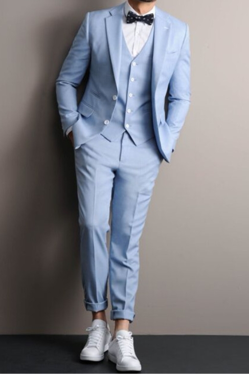 Leon Sky Blue Three Piece Notch Lapel Fashion Mens Suit
