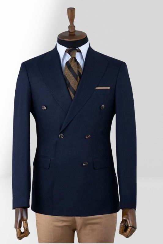 Elegant Dark Blue Peak Collar Double Breasted Two Piece Slim Suit | Brown Pants