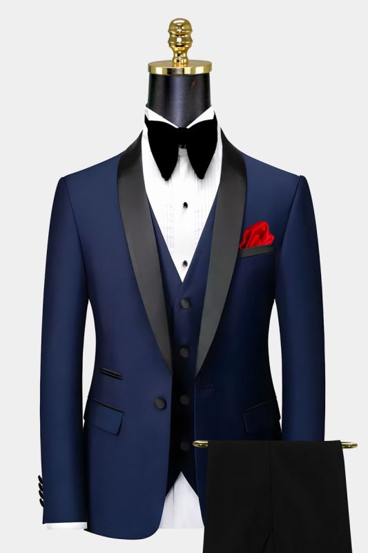 Brownie Navy Blue Slim Fit Shawl Collar Mens Three Piece Tuxedo Suit | Black Trousers