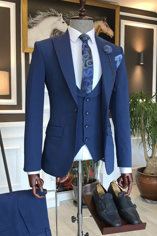 Derby Formal Dark Blue Three Pieces Lapel Business Mens Suit