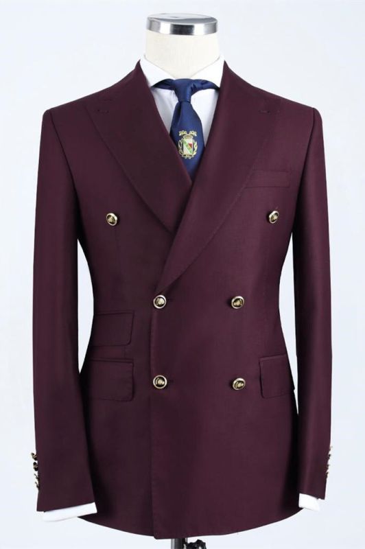 Burgundy double-breasted pointed collar slim-fit men's suit
